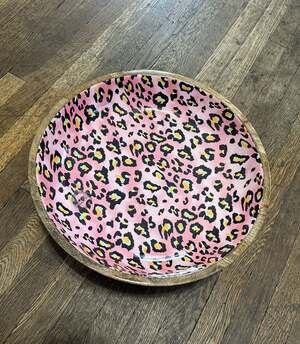 World Traveler Pink Leopard Print Mango Wood Footed Decorative Bowl